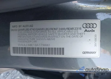 2003 Audi A4 1.8T z USA, uszkodzony, nr VIN WAULC68E13A179880